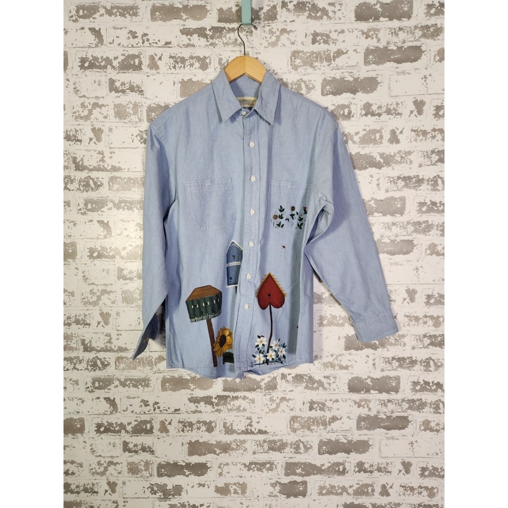 Vintage Cottagecore Chambray Denim Shirt Large Sunflowers‎ Birdhouse Gardencore